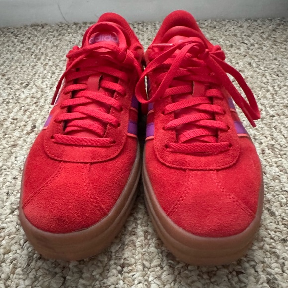 Adidas Red Sneakers with Purple Stripes - Picture 3 of 6